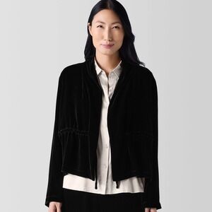 EILEEN FISHER Black Velvet High Collar Tie Silk Blend Jacket Blazer Womens Med
